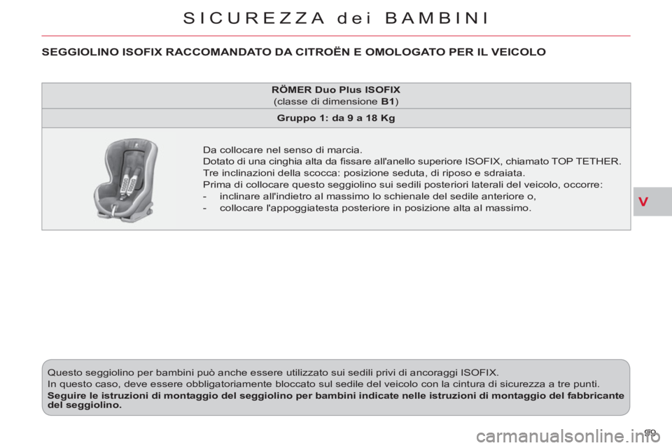 CITROEN C-CROSSER 2012 Libretti Di Uso E manutenzione (in Italian) V
SICUREZZA dei BAMBINI
99 Questo seggiolino per bambini può anche essere utilizzato sui sedili privi di ancoraggi ISOFIX.
In questo caso, deve essere obbligatoriamente bloccato sul sedile del CITROEN C-CROSSER 2012 Libretti Di Uso E manutenzione (in Italian) V
SICUREZZA dei BAMBINI
99 Questo seggiolino per bambini può anche essere utilizzato sui sedili privi di ancoraggi ISOFIX.
In questo caso, deve essere obbligatoriamente bloccato sul sedile del