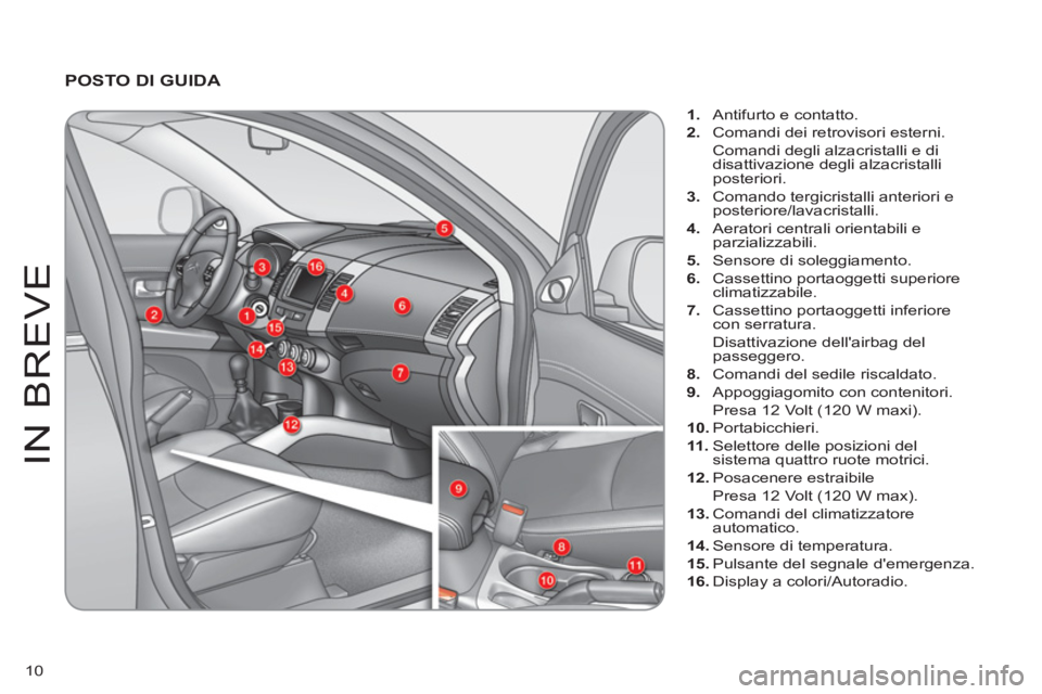 CITROEN C-CROSSER 2012  Libretti Di Uso E manutenzione (in Italian) 10
IN
 BREVE
   
POSTO DI GUIDA 
1. 
 Antifurto e contatto.
2. 
 Comandi dei retrovisori esterni.  
Comandi degli alzacristalli e di 
disattivazione degli alzacristalli 
posteriori. 
3.   Comando terg