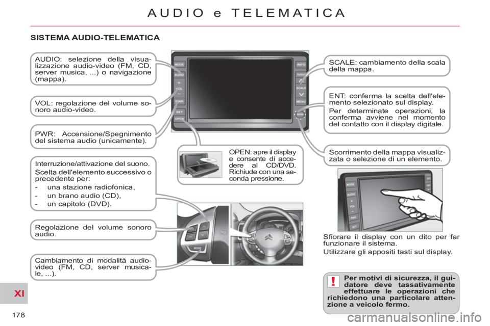 CITROEN C-CROSSER 2012  Libretti Di Uso E manutenzione (in Italian) XI
!
178
AUDIO e TELEMATICA
   
AUDIO: selezione della visua-
lizzazione audio-video (FM, CD, 
server musica, ...) o navigazione 
(mappa).  
   
VOL: regolazione del volume so-
noro audio-video.  
   