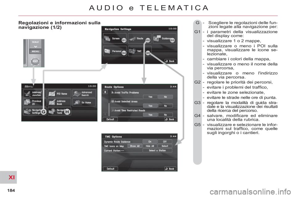 CITROEN C-CROSSER 2012 Libretti Di Uso E manutenzione (in Italian) XI
AUDIO e TELEMATICA
Regolazioni e informazioni sulla
navigazione (1/2) G - Scegliere le regolazioni delle fun-
zioni legate alla navigazione per:
G1 - i parametri della visualizzazione
d CITROEN C-CROSSER 2012 Libretti Di Uso E manutenzione (in Italian) XI
AUDIO e TELEMATICA
Regolazioni e informazioni sulla
navigazione (1/2) G - Scegliere le regolazioni delle fun-
zioni legate alla navigazione per:
G1 - i parametri della visualizzazione
d