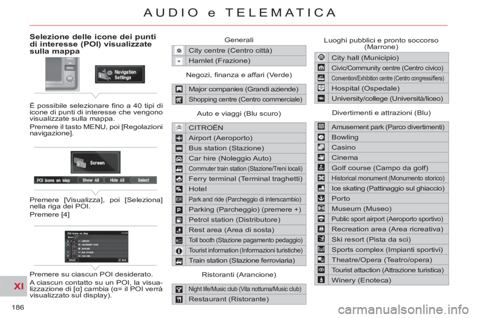 CITROEN C-CROSSER 2012 Libretti Di Uso E manutenzione (in Italian) XI
186
AUDIO e TELEMATICA
Selezione delle icone dei puntidi interesse (POI) visualizzate
sulla mappa
È possibile selezionare fi no a 40 tipi di
icone di punti di interesse che vengono
visualizz CITROEN C-CROSSER 2012 Libretti Di Uso E manutenzione (in Italian) XI
186
AUDIO e TELEMATICA
Selezione delle icone dei puntidi interesse (POI) visualizzate
sulla mappa
È possibile selezionare fi no a 40 tipi di
icone di punti di interesse che vengono
visualizz