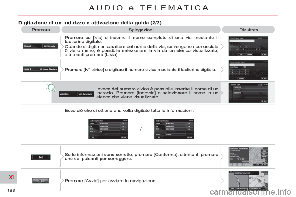 CITROEN C-CROSSER 2012  Libretti Di Uso E manutenzione (in Italian) XI
/
188
AUDIO e TELEMATICA
   
Digitazione di un indirizzo e attivazione della guida (2/2) 
 
Premere 
  Spiegazioni 
  Risultato 
  Premere su [Via] e inserire il nome completo di una via mediante i