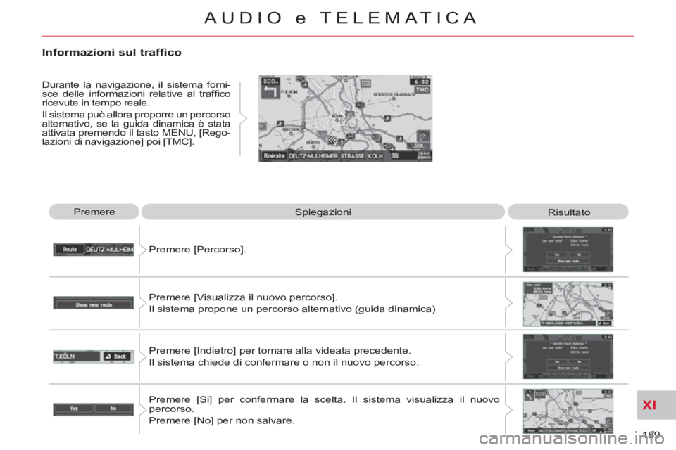 CITROEN C-CROSSER 2012  Libretti Di Uso E manutenzione (in Italian) XI
189 
AUDIO e TELEMATICA
  Premere 
  Spiegazioni 
  Risultato 
  Premere [Percorso]. 
  Premere   
[Visualizza il nuovo percorso]. 
  Il sistema propone un percorso alternativo (guida dinamica)  
P