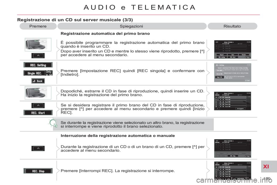 CITROEN C-CROSSER 2012 Libretti Di Uso E manutenzione (in Italian) XI
199
AUDIO e TELEMATICA
Registrazione di un CD sul server musicale (3/3)
Premere Spiegazioni Risultato
Registrazione automatica del primo brano
È possibile programmare la registra CITROEN C-CROSSER 2012 Libretti Di Uso E manutenzione (in Italian) XI
199
AUDIO e TELEMATICA
Registrazione di un CD sul server musicale (3/3)
Premere Spiegazioni Risultato
Registrazione automatica del primo brano
È possibile programmare la registra