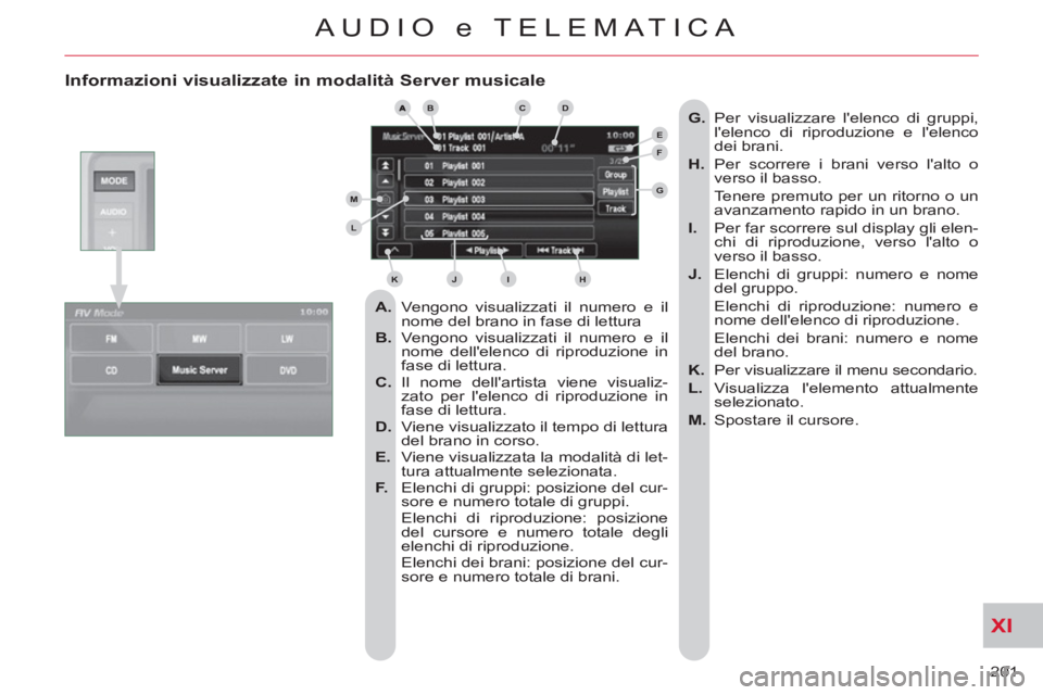 CITROEN C-CROSSER 2012 Libretti Di Uso E manutenzione (in Italian) XI
201
AUDIO e TELEMATICA
Informazioni visualizzate in modalità Server musicale
A.
Vengono visualizzati il numero e il
nome del brano in fase di lettura
B.
Vengono visualizzat CITROEN C-CROSSER 2012 Libretti Di Uso E manutenzione (in Italian) XI
201
AUDIO e TELEMATICA
Informazioni visualizzate in modalità Server musicale
A.
Vengono visualizzati il numero e il
nome del brano in fase di lettura
B.
Vengono visualizzat