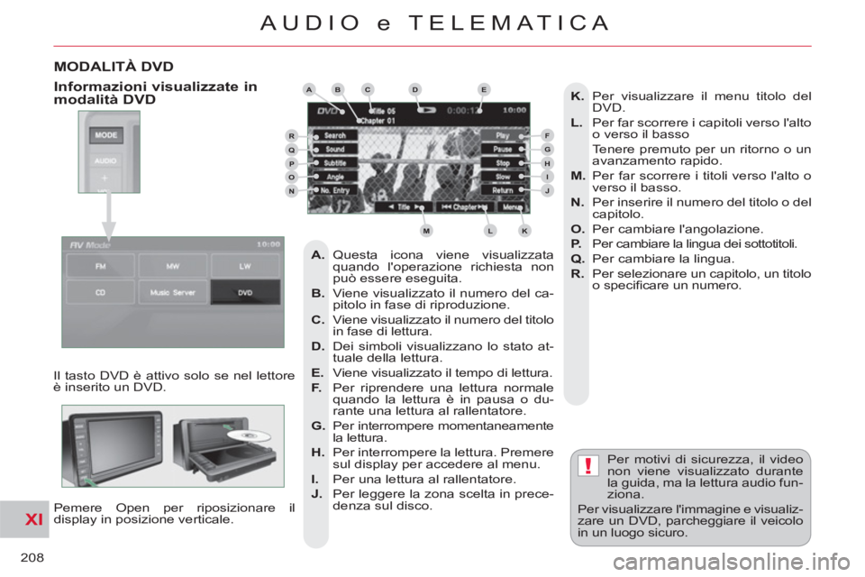 CITROEN C-CROSSER 2012  Libretti Di Uso E manutenzione (in Italian) XI
!
208
AUDIO e TELEMATICA
MODALITÀ DVD 
  Il tasto DVD è attivo solo se nel lettore 
è inserito un DVD. 
Pemere Open per riposizionare il 
display in posizione verticale.  
   Per motivi di sicur