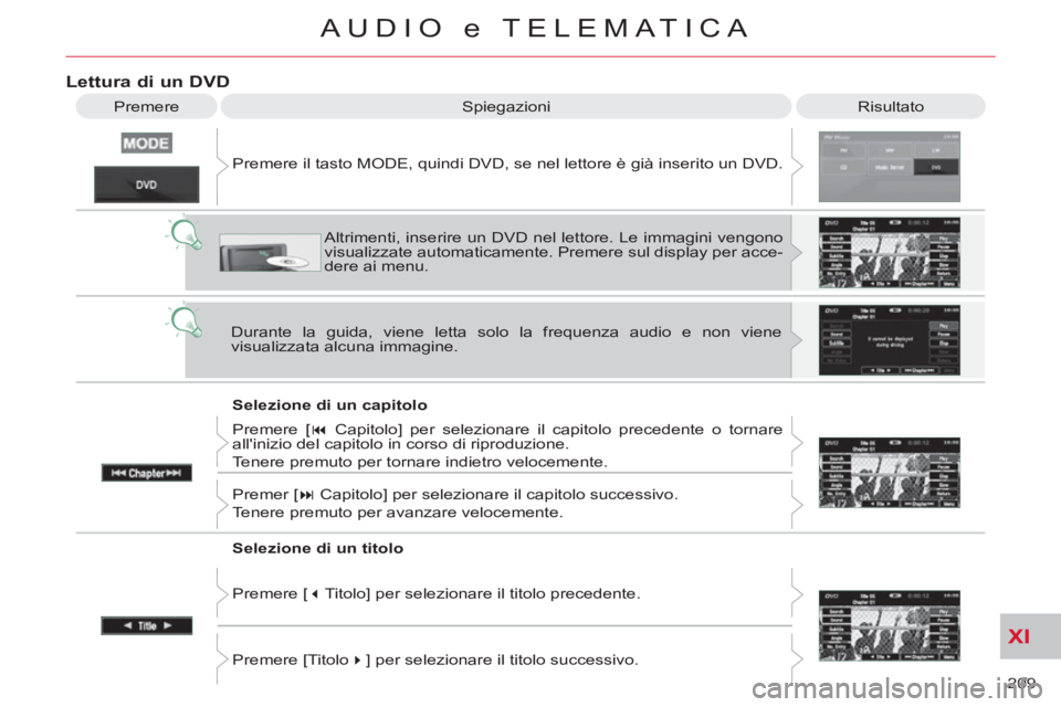CITROEN C-CROSSER 2012 Libretti Di Uso E manutenzione (in Italian) XI
209
AUDIO e TELEMATICA
Lettura di un DVD
Risultato
Spiegazioni
Selezione di un capitolo Premere il tasto MODE, quindi DVD, se nel lettore è già inserito un DVD.
Altrimenti, inse CITROEN C-CROSSER 2012 Libretti Di Uso E manutenzione (in Italian) XI
209
AUDIO e TELEMATICA
Lettura di un DVD
Risultato
Spiegazioni
Selezione di un capitolo Premere il tasto MODE, quindi DVD, se nel lettore è già inserito un DVD.
Altrimenti, inse