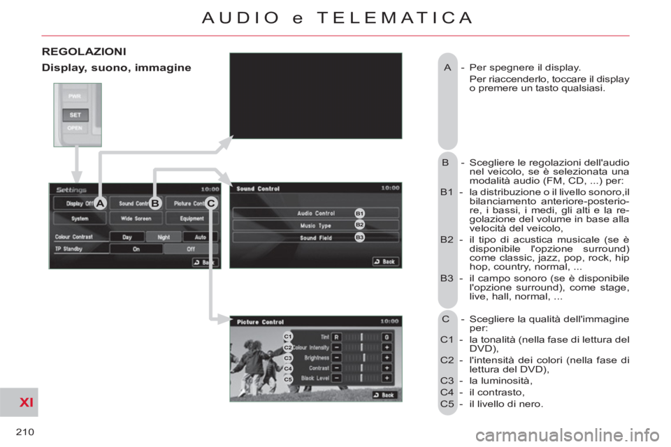 CITROEN C-CROSSER 2012 Libretti Di Uso E manutenzione (in Italian) XI
210
AUDIO e TELEMATICA
A - Per spegnere il display.
Per riaccenderlo, toccare il display
o premere un tasto qualsiasi.
B - Scegliere le regolazioni dellaudio
nel veicolo, se è s CITROEN C-CROSSER 2012 Libretti Di Uso E manutenzione (in Italian) XI
210
AUDIO e TELEMATICA
A - Per spegnere il display.
Per riaccenderlo, toccare il display
o premere un tasto qualsiasi.
B - Scegliere le regolazioni dellaudio
nel veicolo, se è s