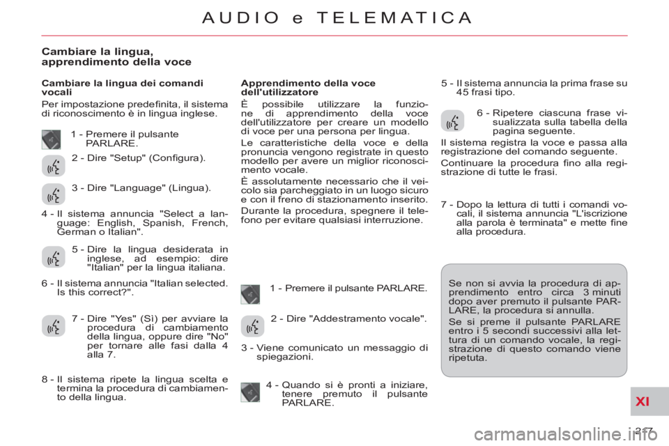 CITROEN C-CROSSER 2012 Libretti Di Uso E manutenzione (in Italian) XI
217
AUDIO e TELEMATICA
Cambiare la lingua,apprendimento della voce
Cambiare la lingua dei comandi
vocali
Per impostazione predefi nita, il sistema
di riconoscimento è in lingua inglese CITROEN C-CROSSER 2012 Libretti Di Uso E manutenzione (in Italian) XI
217
AUDIO e TELEMATICA
Cambiare la lingua,apprendimento della voce
Cambiare la lingua dei comandi
vocali
Per impostazione predefi nita, il sistema
di riconoscimento è in lingua inglese
