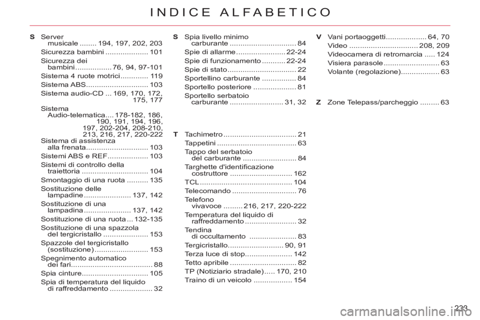 CITROEN C-CROSSER 2012 Libretti Di Uso E manutenzione (in Italian) 233
INDICE ALFABETICO
V Server
musicale ........ 194, 197, 202, 203
Sicurezza bambini .................... 101
Sicurezza dei
bambini ................. 76, 94, 97-101
Sistema 4 ruote motrici ........ CITROEN C-CROSSER 2012 Libretti Di Uso E manutenzione (in Italian) 233
INDICE ALFABETICO
V Server
musicale ........ 194, 197, 202, 203
Sicurezza bambini .................... 101
Sicurezza dei
bambini ................. 76, 94, 97-101
Sistema 4 ruote motrici ........