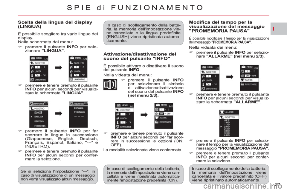 CITROEN C-CROSSER 2012  Libretti Di Uso E manutenzione (in Italian) I
SPIE di FUNZIONAMENTO
37 
Scelta della lingua del display(LINGUA) 
  È possibile scegliere tra varie lingue del 
display. 
  Nella schermata dei menu: 
   
 
�) 
  premere il pulsante  INFO  
per s