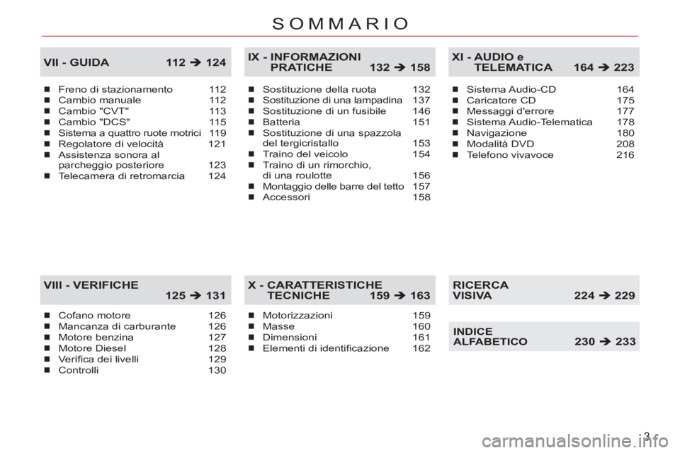 CITROEN C-CROSSER 2012  Libretti Di Uso E manutenzione (in Italian) 3
SOMMARIO
Freno di stazionamento 112Cambio manuale  112Cambio "CVT" 113Cambio "DCS" 115Sistema a quattro ruote motrici119Regolatore di velocità  121Assistenza sonora al
parcheggio posteriore  123Tel