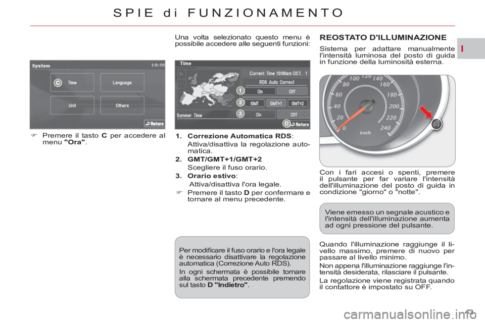 CITROEN C-CROSSER 2012  Libretti Di Uso E manutenzione (in Italian) I
SPIE di FUNZIONAMENTO
43     
 
1. 
  Correzione Automatica RDS 
:   
  Attiva/disattiva la regolazione auto-
matica. 
   
2. 
  GMT/GMT+1/GMT+2 
   
  Scegliere il fuso orario. 
   
3. 
  Orario es