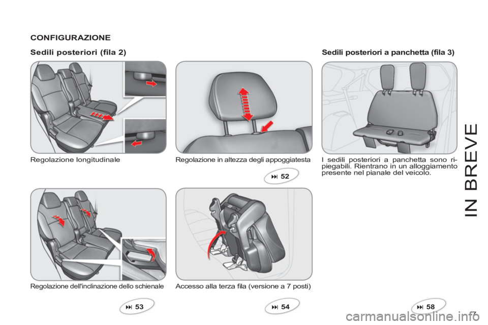 CITROEN C-CROSSER 2012  Libretti Di Uso E manutenzione (in Italian) 7 
IN BREV
E
   
CONFIGURAZIONE
   
Sedili posteriori 
(fila 2)
 Regolazione longitudinale
 
Regolazione dellinclinazione dello schienale
�53  
Regolazione in altezza degli appoggiatesta
 Accesso al