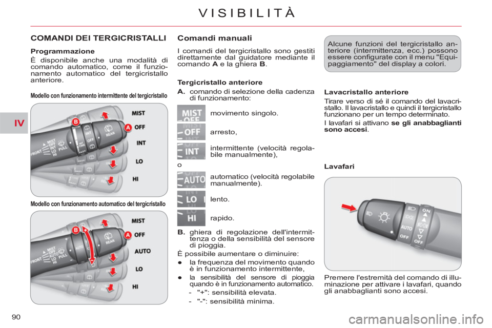 CITROEN C-CROSSER 2012 Libretti Di Uso E manutenzione (in Italian) IV
VISIBILITÀ
90
COMANDI DEI TERGICRISTALLI Comandi manuali
I comandi del tergicristallo sono gestiti
direttamente dal guidatore mediante il
comando A
e la ghiera B
.
movimento singolo. CITROEN C-CROSSER 2012 Libretti Di Uso E manutenzione (in Italian) IV
VISIBILITÀ
90
COMANDI DEI TERGICRISTALLI Comandi manuali
I comandi del tergicristallo sono gestiti
direttamente dal guidatore mediante il
comando A
e la ghiera B
.
movimento singolo.