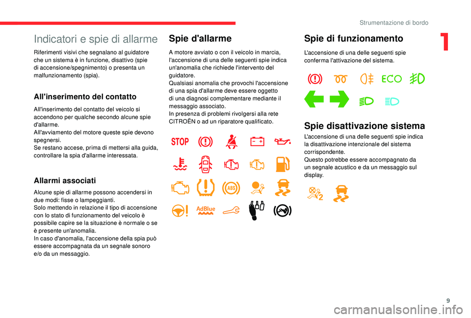 CITROEN C-ELYSÉE 2018 Libretti Di Uso E manutenzione (in Italian) 9
Indicatori e spie di allarme
Riferimenti visivi che segnalano al guidatore
che un sistema è in funzione, disattivo (spie
di accensione/spegnimento) o presenta un
malfunzionamento (spia).
All' CITROEN C-ELYSÉE 2018 Libretti Di Uso E manutenzione (in Italian) 9
Indicatori e spie di allarme
Riferimenti visivi che segnalano al guidatore
che un sistema è in funzione, disattivo (spie
di accensione/spegnimento) o presenta un
malfunzionamento (spia).
All'