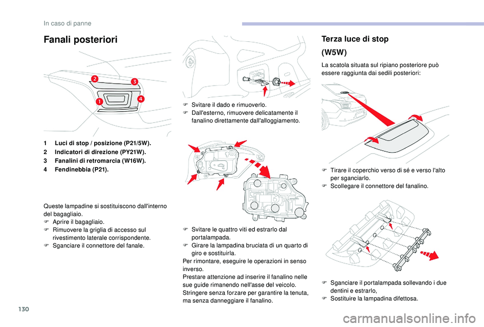 CITROEN C-ELYSÉE 2018 Libretti Di Uso E manutenzione (in Italian) 130
Fanali posterioriTerza luce di stop
(W5W)
La scatola situata sul ripiano posteriore può
essere raggiunta dai sedili posteriori:
F
S
ganciare il portalampada sollevando i due
dentini e estrarl CITROEN C-ELYSÉE 2018 Libretti Di Uso E manutenzione (in Italian) 130
Fanali posterioriTerza luce di stop
(W5W)
La scatola situata sul ripiano posteriore può
essere raggiunta dai sedili posteriori:
F
S
ganciare il portalampada sollevando i due
dentini e estrarl