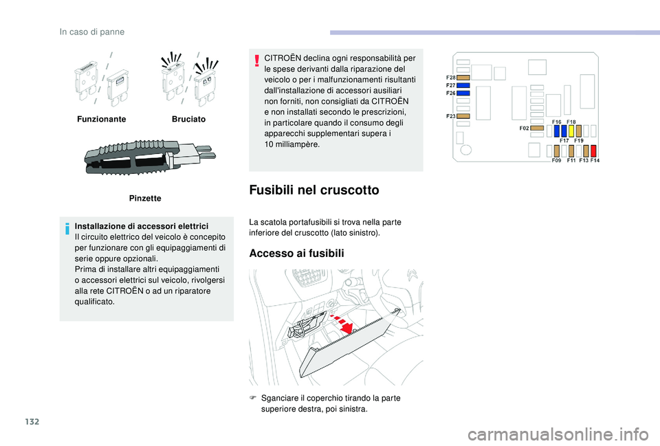 CITROEN C-ELYSÉE 2018 Libretti Di Uso E manutenzione (in Italian) 132
FunzionanteBruciato
Pinzette
Installazione di accessori elettrici
Il circuito elettrico del veicolo è concepito
per funzionare con gli equipaggiamenti di
serie oppure opzionali.
Prima di instal CITROEN C-ELYSÉE 2018 Libretti Di Uso E manutenzione (in Italian) 132
FunzionanteBruciato
Pinzette
Installazione di accessori elettrici
Il circuito elettrico del veicolo è concepito
per funzionare con gli equipaggiamenti di
serie oppure opzionali.
Prima di instal