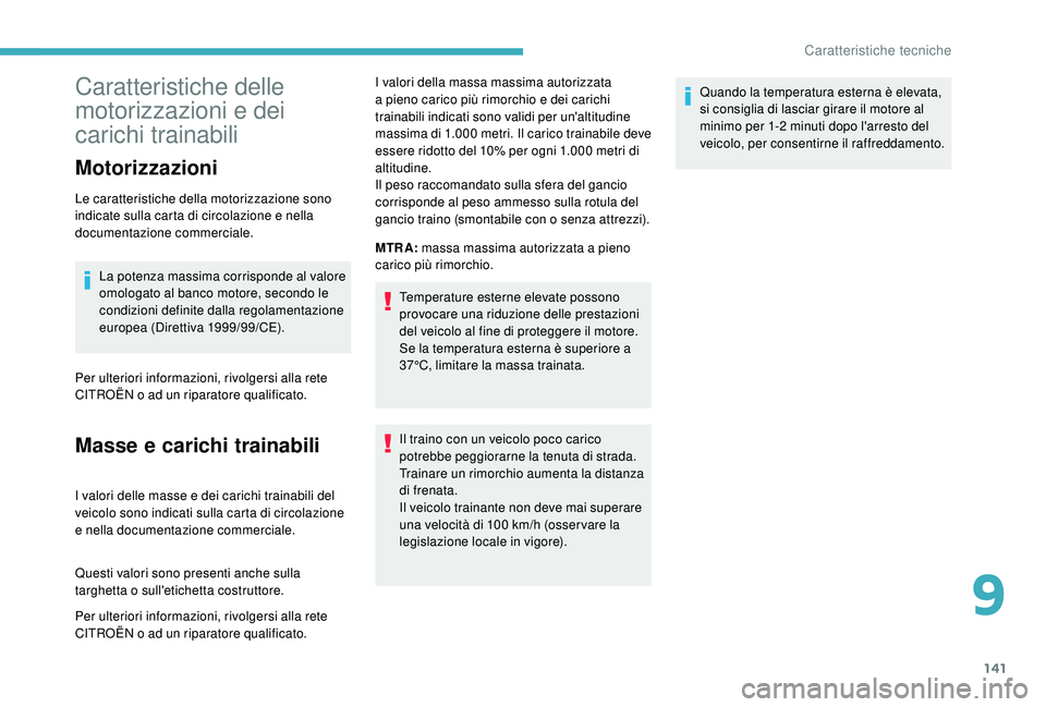 CITROEN C-ELYSÉE 2018 Libretti Di Uso E manutenzione (in Italian) 141
Caratteristiche delle
motorizzazioni e dei
carichi trainabili
Motorizzazioni
Le caratteristiche della motorizzazione sono
indicate sulla carta di circolazione e nella
documentazione commercial CITROEN C-ELYSÉE 2018 Libretti Di Uso E manutenzione (in Italian) 141
Caratteristiche delle
motorizzazioni e dei
carichi trainabili
Motorizzazioni
Le caratteristiche della motorizzazione sono
indicate sulla carta di circolazione e nella
documentazione commercial