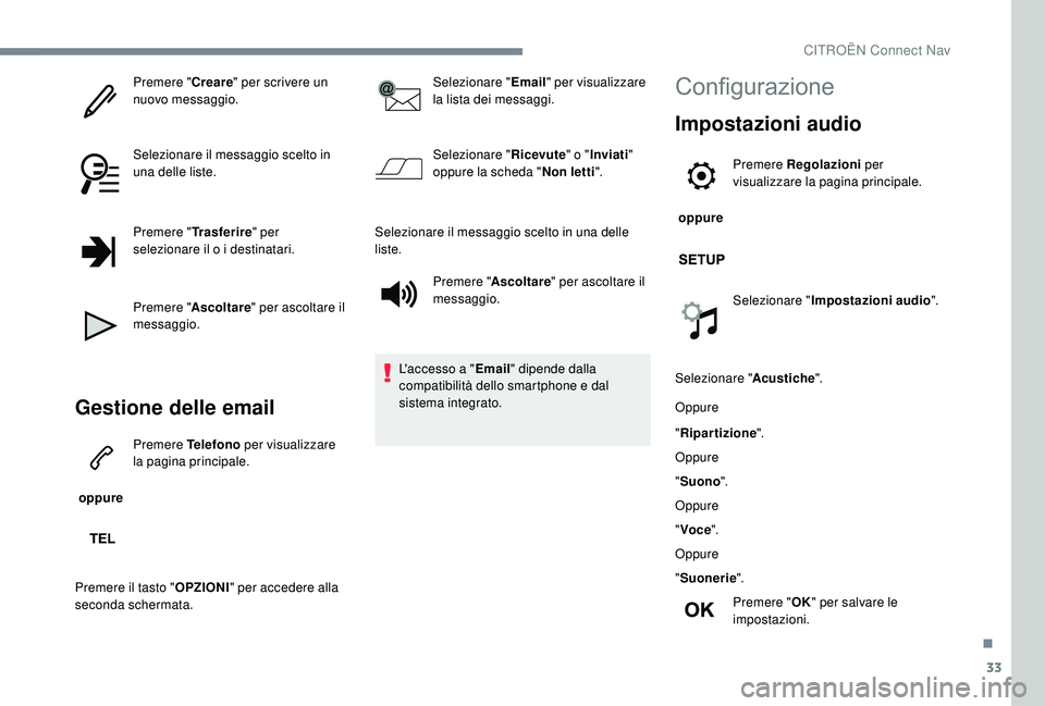 CITROEN C-ELYSÉE 2018 Libretti Di Uso E manutenzione (in Italian) 33
Premere "Creare" per scrivere un
nuovo messaggio.
Selezionare il messaggio scelto in
una delle liste.
Premere " Trasferire " per
selezionare il o i destinatari.
Premere " Asc CITROEN C-ELYSÉE 2018 Libretti Di Uso E manutenzione (in Italian) 33
Premere "Creare" per scrivere un
nuovo messaggio.
Selezionare il messaggio scelto in
una delle liste.
Premere " Trasferire " per
selezionare il o i destinatari.
Premere " Asc