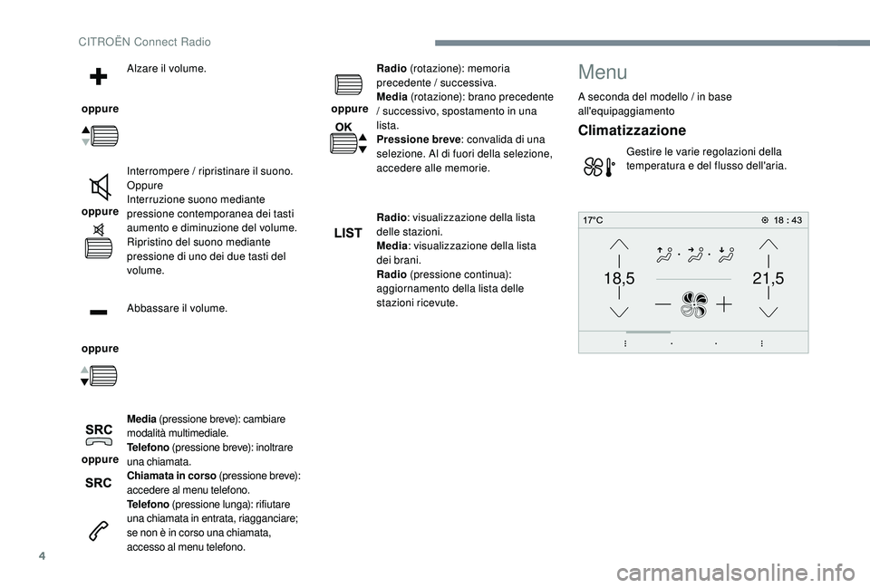 CITROEN C-ELYSÉE 2018 Libretti Di Uso E manutenzione (in Italian) 4
21,518,5
oppure Alzare il volume.
oppure Interrompere / ripristinare il suono.
Oppure
Interruzione suono mediante
pressione contemporanea dei tasti
aumento e diminuzione del volume.
Ripristino CITROEN C-ELYSÉE 2018 Libretti Di Uso E manutenzione (in Italian) 4
21,518,5
oppure Alzare il volume.
oppure Interrompere / ripristinare il suono.
Oppure
Interruzione suono mediante
pressione contemporanea dei tasti
aumento e diminuzione del volume.
Ripristino