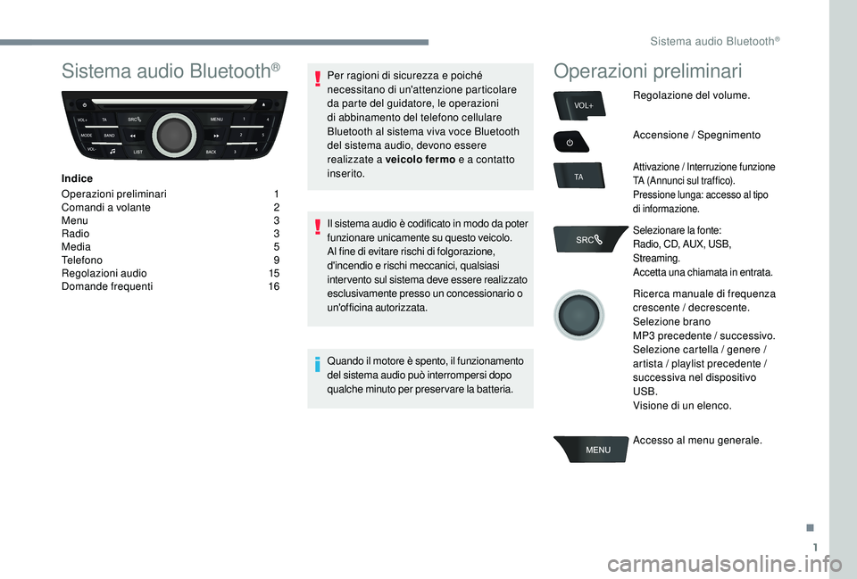 CITROEN C-ELYSÉE 2018  Libretti Di Uso E manutenzione (in Italian) 1
VOL+
TA
Sistema audio Bluetooth®
Indice
Operazioni preliminari  
1
C

omandi a volante   
2
M

enu   
3
R

adio   
3
M

edia   
5
T

elefono   
9
R

egolazioni audio   
1
 5
Domande frequenti 
 
1
