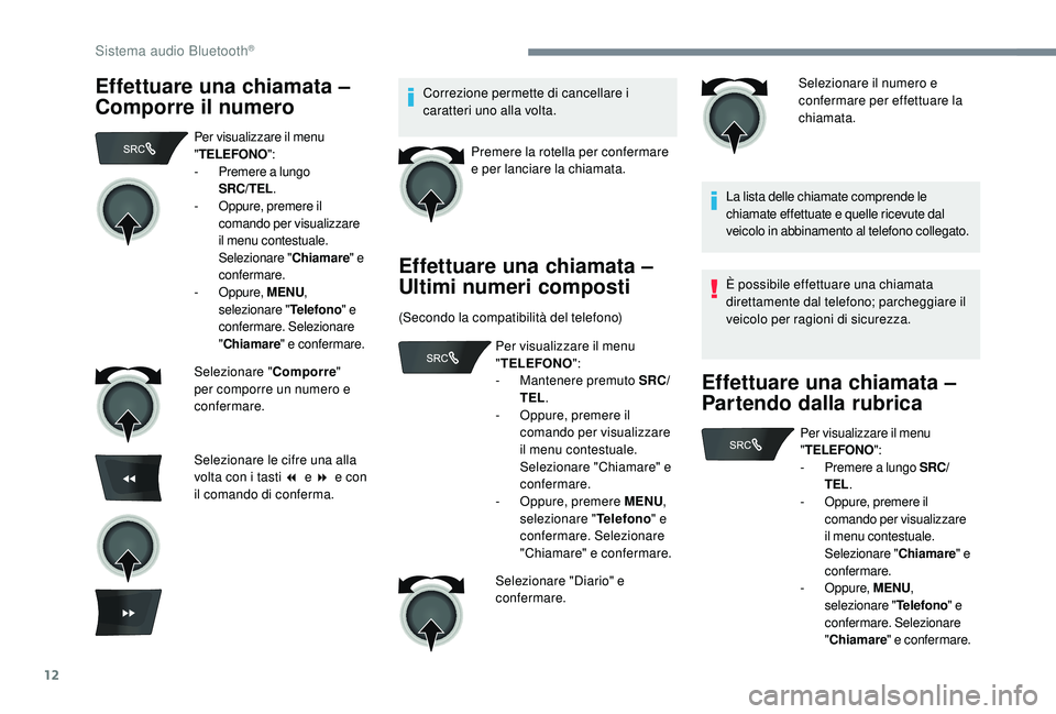 CITROEN C-ELYSÉE 2018 Libretti Di Uso E manutenzione (in Italian) 12
Effettuare una chiamata –
Comporre il numeroCorrezione permette di cancellare i
caratteri uno alla volta.Premere la rotella per confermare
e per lanciare la chiamata.
Effettuare una chiamata CITROEN C-ELYSÉE 2018 Libretti Di Uso E manutenzione (in Italian) 12
Effettuare una chiamata –
Comporre il numeroCorrezione permette di cancellare i
caratteri uno alla volta.Premere la rotella per confermare
e per lanciare la chiamata.
Effettuare una chiamata
