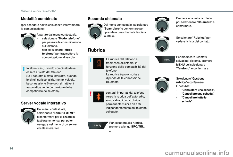 CITROEN C-ELYSÉE 2018 Libretti Di Uso E manutenzione (in Italian) 14
Modalità combinato
(per scendere dal veicolo senza interrompere
la comunicazione)A partire dal menu contestuale:
-
s
elezionare "Modo telefono "
per passare la comunicazione
sul tele CITROEN C-ELYSÉE 2018 Libretti Di Uso E manutenzione (in Italian) 14
Modalità combinato
(per scendere dal veicolo senza interrompere
la comunicazione)A partire dal menu contestuale:
-
s
elezionare "Modo telefono "
per passare la comunicazione
sul tele