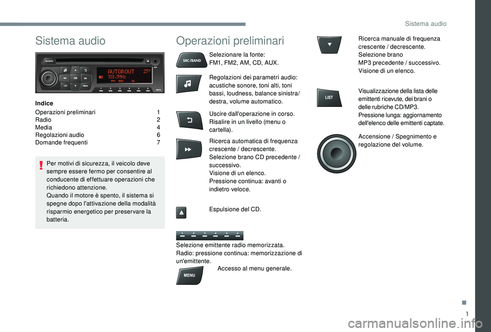 CITROEN C-ELYSÉE 2018 Libretti Di Uso E manutenzione (in Italian) 1
Sistema audio
Indice
Operazioni preliminari
1
R
adio
2
M
edia
4
R
egolazioni audio
6
D
omande frequenti
7
Pe
r motivi di sicurezza, il veicolo deve
sempre essere fermo per consen CITROEN C-ELYSÉE 2018 Libretti Di Uso E manutenzione (in Italian) 1
Sistema audio
Indice
Operazioni preliminari
1
R
adio
2
M
edia
4
R
egolazioni audio
6
D
omande frequenti
7
Pe
r motivi di sicurezza, il veicolo deve
sempre essere fermo per consen