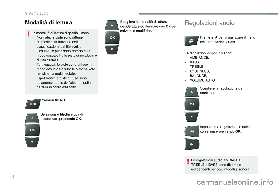 CITROEN C-ELYSÉE 2018 Libretti Di Uso E manutenzione (in Italian) 6
Premere MENU.
Selezionare Media e quindi
confermare premendo OK.
Regolazioni audio
Premere ¯ per visualizzare il menu
delle regolazioni audio.
Le regolazioni audio AMBIANCE,
TREBLE e BASS sono CITROEN C-ELYSÉE 2018 Libretti Di Uso E manutenzione (in Italian) 6
Premere MENU.
Selezionare Media e quindi
confermare premendo OK.
Regolazioni audio
Premere ¯ per visualizzare il menu
delle regolazioni audio.
Le regolazioni audio AMBIANCE,
TREBLE e BASS sono
