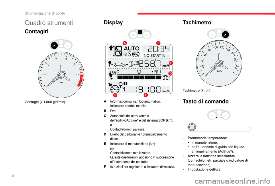 CITROEN C-ELYSÉE 2018  Libretti Di Uso E manutenzione (in Italian) 8
Quadro strumenti
Contagiri
Contagiri (x 1.000 giri/min).
Display
AInformazioni sul cambio automatico.
Indicatore cambio marcia.
BOra.
CAutonomia del carburante o 
dell'additivoAdBlue® e del sis