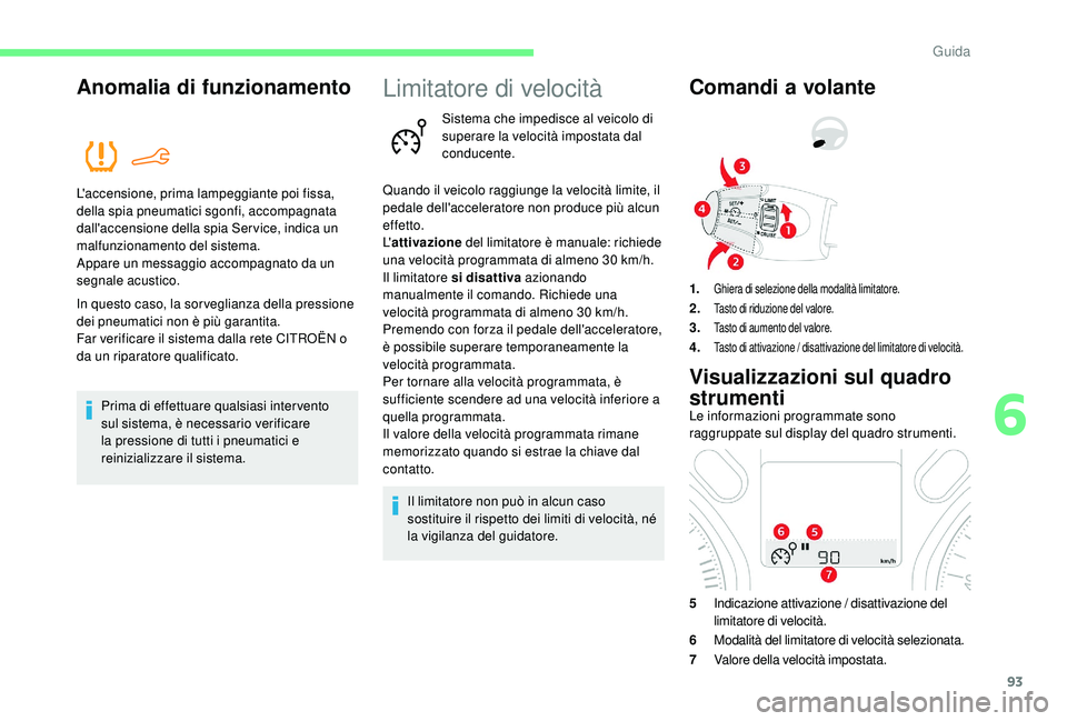 CITROEN C-ELYSÉE 2018 Libretti Di Uso E manutenzione (in Italian) 93
Anomalia di funzionamento
L'accensione, prima lampeggiante poi fissa,
della spia pneumatici sgonfi, accompagnata
dall'accensione della spia Ser vice, indica un
malfunzionamento del siste CITROEN C-ELYSÉE 2018 Libretti Di Uso E manutenzione (in Italian) 93
Anomalia di funzionamento
L'accensione, prima lampeggiante poi fissa,
della spia pneumatici sgonfi, accompagnata
dall'accensione della spia Ser vice, indica un
malfunzionamento del siste
