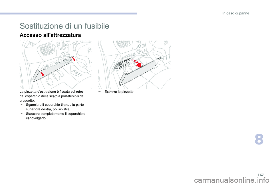 CITROEN C-ELYSÉE 2017 Libretti Di Uso E manutenzione (in Italian) 167
Sostituzione di un fusibile
Accesso all'attrezzatura
La pinzetta d'estrazione è fissata sul retro
del coperchio della scatola portafusibili del
cruscotto.
F
S
ganciare il coperchio ti CITROEN C-ELYSÉE 2017 Libretti Di Uso E manutenzione (in Italian) 167
Sostituzione di un fusibile
Accesso all'attrezzatura
La pinzetta d'estrazione è fissata sul retro
del coperchio della scatola portafusibili del
cruscotto.
F
S
ganciare il coperchio ti