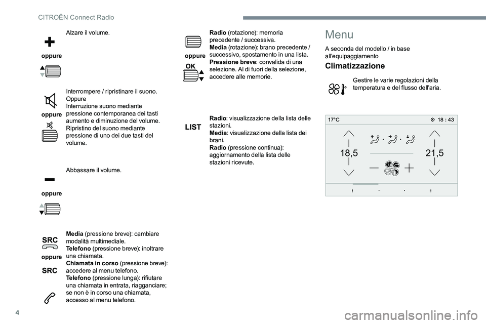 CITROEN C-ELYSÉE 2017 Libretti Di Uso E manutenzione (in Italian) 4
21,518,5
oppure Alzare il volume.
oppure Interrompere / ripristinare il suono.
Oppure
Interruzione suono mediante
pressione contemporanea dei tasti
aumento e diminuzione del volume.
Ripristino CITROEN C-ELYSÉE 2017 Libretti Di Uso E manutenzione (in Italian) 4
21,518,5
oppure Alzare il volume.
oppure Interrompere / ripristinare il suono.
Oppure
Interruzione suono mediante
pressione contemporanea dei tasti
aumento e diminuzione del volume.
Ripristino