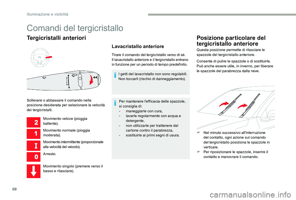 CITROEN C-ELYSÉE 2017 Libretti Di Uso E manutenzione (in Italian) 68
Tergicristalli anteriori
Movimento veloce (pioggia
battente).
Movimento normale (pioggia
m o der at a).
Movimento intermittente (proporzionale
alla velocità del veicolo).
Arresto.
Sollevare o a CITROEN C-ELYSÉE 2017 Libretti Di Uso E manutenzione (in Italian) 68
Tergicristalli anteriori
Movimento veloce (pioggia
battente).
Movimento normale (pioggia
m o der at a).
Movimento intermittente (proporzionale
alla velocità del veicolo).
Arresto.
Sollevare o a