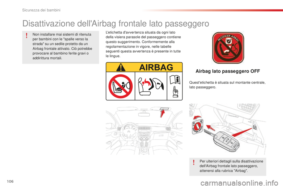 CITROEN C-ELYSÉE 2016 Libretti Di Uso E manutenzione (in Italian) 106
Airbag lato passeggero OFF
disattivazione dell'airbag frontale lato passeggero
Non installare mai sistemi di ritenuta
per bambini con le "spalle verso la
strada" su un sedile protett CITROEN C-ELYSÉE 2016 Libretti Di Uso E manutenzione (in Italian) 106
Airbag lato passeggero OFF
disattivazione dell'airbag frontale lato passeggero
Non installare mai sistemi di ritenuta
per bambini con le "spalle verso la
strada" su un sedile protett