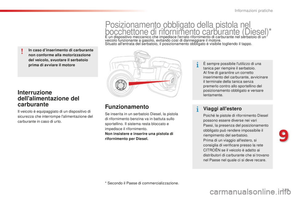 CITROEN C-ELYSÉE 2016 Libretti Di Uso E manutenzione (in Italian) 119
Funzionamento
se inserita in un serbatoio di esel, la pistola
di rifornimento benzina va in battuta sullo
sportellino.
i
l s
istema resta bloccato e
impedisce il rifornimento.
Non insistere e CITROEN C-ELYSÉE 2016 Libretti Di Uso E manutenzione (in Italian) 119
Funzionamento
se inserita in un serbatoio di esel, la pistola
di rifornimento benzina va in battuta sullo
sportellino.
i
l s
istema resta bloccato e
impedisce il rifornimento.
Non insistere e