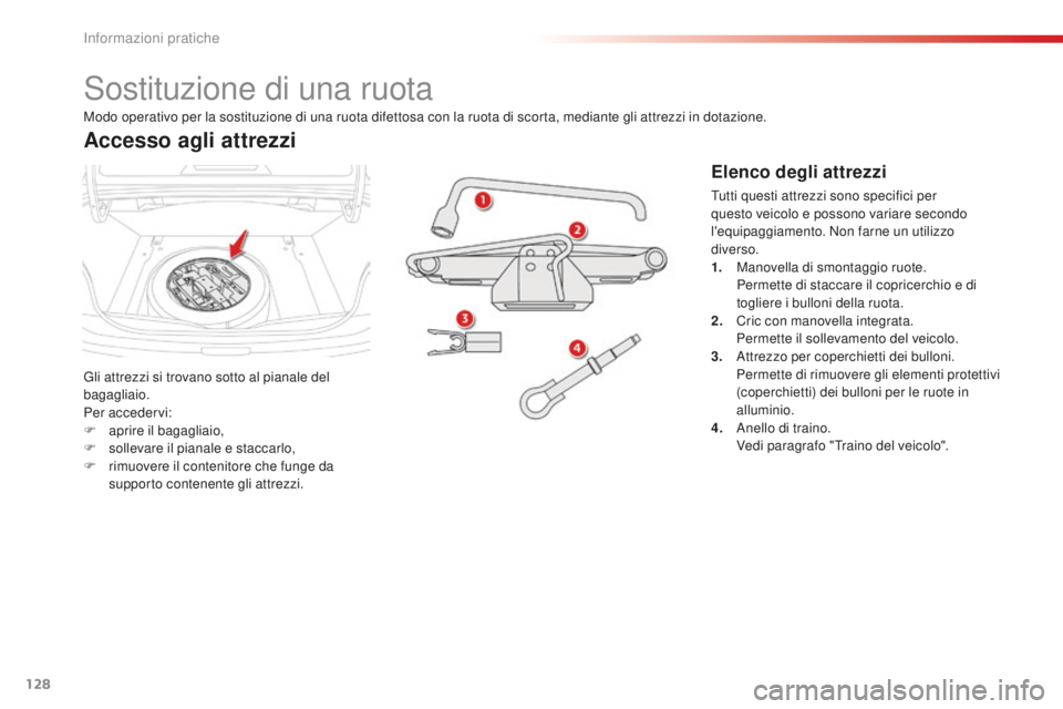 CITROEN C-ELYSÉE 2016 Libretti Di Uso E manutenzione (in Italian) 128
sostituzione di una ruota
Gli attrezzi si trovano sotto al pianale del
bagagliaio.
Per accedervi:
F
ap
rire il bagagliaio,
F
s
ollevare il pianale e staccarlo,
F
r
imuovere il contenitore CITROEN C-ELYSÉE 2016 Libretti Di Uso E manutenzione (in Italian) 128
sostituzione di una ruota
Gli attrezzi si trovano sotto al pianale del
bagagliaio.
Per accedervi:
F
ap
rire il bagagliaio,
F
s
ollevare il pianale e staccarlo,
F
r
imuovere il contenitore