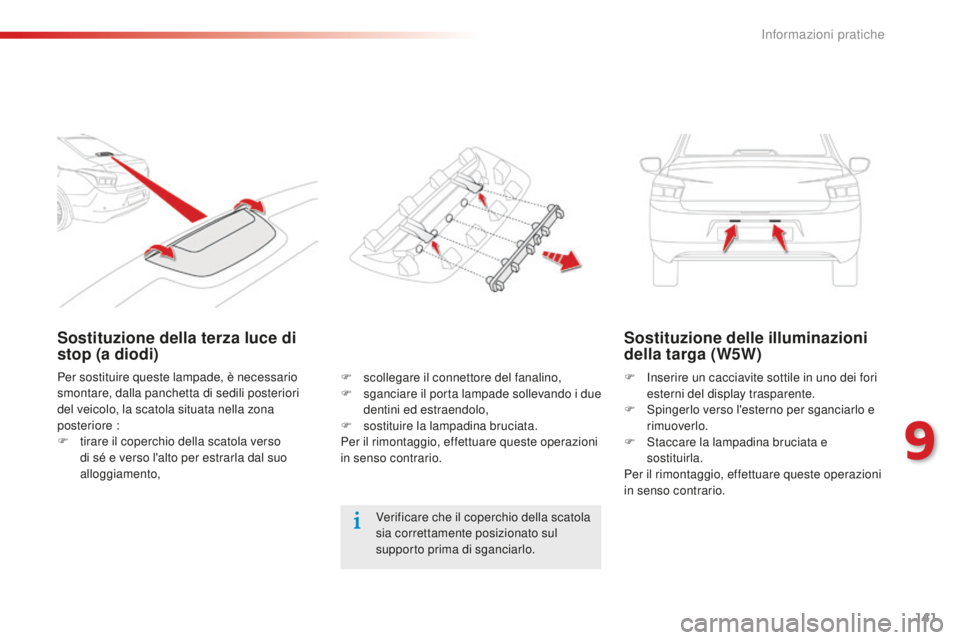 CITROEN C-ELYSÉE 2016 Libretti Di Uso E manutenzione (in Italian) 141
Sostituzione della terza luce di
stop (a diodi)Sostituzione delle illuminazioni
della targa (W5W)
F inserire un cacciavite sottile in uno dei fori
esterni del display trasparente.
F
s
p
ing CITROEN C-ELYSÉE 2016 Libretti Di Uso E manutenzione (in Italian) 141
Sostituzione della terza luce di
stop (a diodi)Sostituzione delle illuminazioni
della targa (W5W)
F inserire un cacciavite sottile in uno dei fori
esterni del display trasparente.
F
s
p
ing