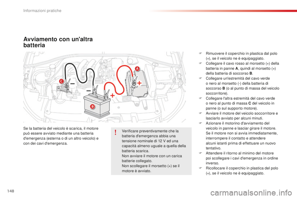 CITROEN C-ELYSÉE 2016 Libretti Di Uso E manutenzione (in Italian) 148
Avviamento con un'altra
batteria
se la batteria del veicolo è scarica, il motore
può essere avviato mediante una batteria
d'emergenza (esterna o di un altro veicolo) e
con dei cavi d CITROEN C-ELYSÉE 2016 Libretti Di Uso E manutenzione (in Italian) 148
Avviamento con un'altra
batteria
se la batteria del veicolo è scarica, il motore
può essere avviato mediante una batteria
d'emergenza (esterna o di un altro veicolo) e
con dei cavi d