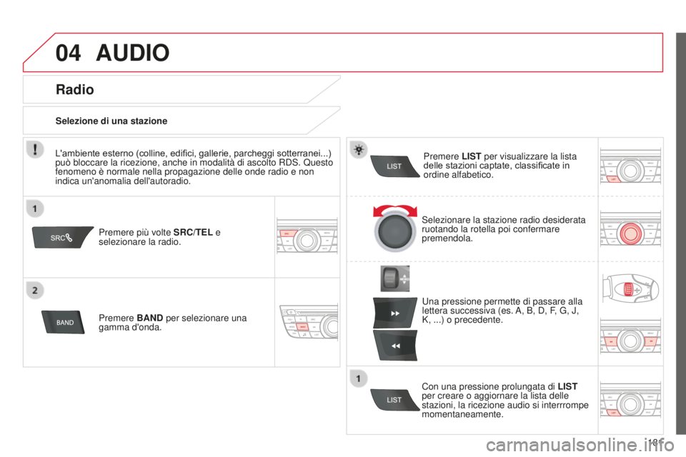 CITROEN C-ELYSÉE 2016 Libretti Di Uso E manutenzione (in Italian) 04
181
AUDIO
Premere più volte SRC/TEL e
selezionare la radio.
Premere BAND per selezionare una
gamma d'onda. Premere LIST per visualizzare la lista
delle stazioni captate, classificate in
o CITROEN C-ELYSÉE 2016 Libretti Di Uso E manutenzione (in Italian) 04
181
AUDIO
Premere più volte SRC/TEL e
selezionare la radio.
Premere BAND per selezionare una
gamma d'onda. Premere LIST per visualizzare la lista
delle stazioni captate, classificate in
o