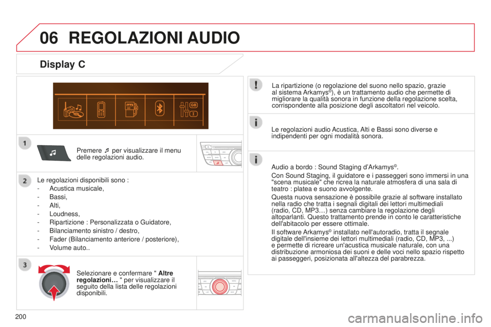 CITROEN C-ELYSÉE 2016 Libretti Di Uso E manutenzione (in Italian) 06
200Premere ¯ per visualizzare il menu
delle regolazioni audio.
Le regolazioni disponibili sono :
- a custica musicale,
- Bassi,
- a lti,
- Loudness,
-
Ripartizione : Personalizzata o Gui CITROEN C-ELYSÉE 2016 Libretti Di Uso E manutenzione (in Italian) 06
200Premere ¯ per visualizzare il menu
delle regolazioni audio.
Le regolazioni disponibili sono :
- a custica musicale,
- Bassi,
- a lti,
- Loudness,
-
Ripartizione : Personalizzata o Gui