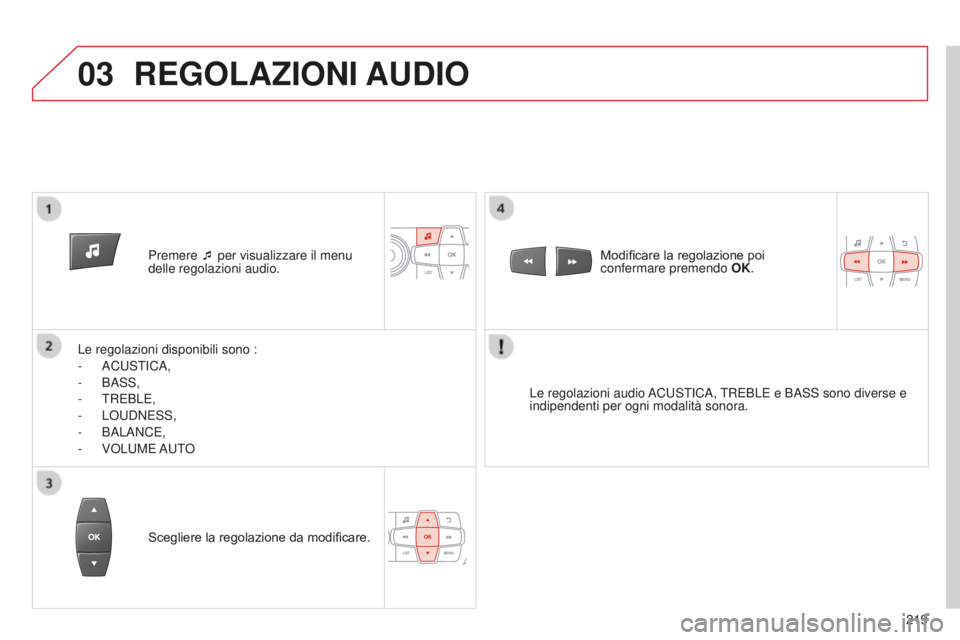 CITROEN C-ELYSÉE 2016 Libretti Di Uso E manutenzione (in Italian) 03
219
Premere ¯ per visualizzare il menu
delle regolazioni audio.
Le regolazioni disponibili sono :
-
a
C
us
T
i
C
a
,
-
B
ass
,
-
TREBLE,
-
L
oud
NE
ss
,
-
B
a
L
a
NCE,
-
V
o
L
u
ME
a CITROEN C-ELYSÉE 2016 Libretti Di Uso E manutenzione (in Italian) 03
219
Premere ¯ per visualizzare il menu
delle regolazioni audio.
Le regolazioni disponibili sono :
-
a
C
us
T
i
C
a
,
-
B
ass
,
-
TREBLE,
-
L
oud
NE
ss
,
-
B
a
L
a
NCE,
-
V
o
L
u
ME
a