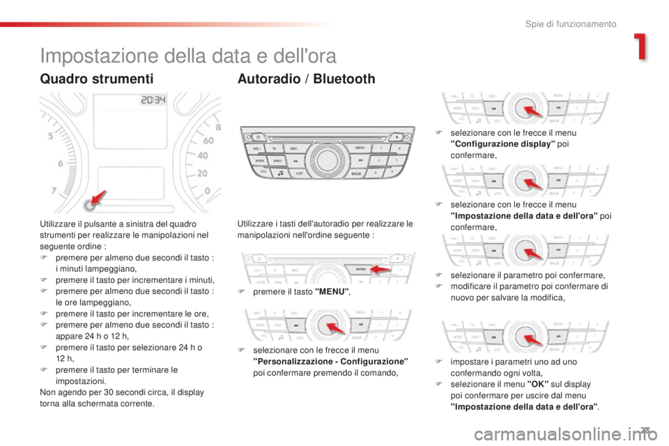 CITROEN C-ELYSÉE 2016 Libretti Di Uso E manutenzione (in Italian) 23
impostazione della data e dell'ora
utilizzare il pulsante a sinistra del quadro
strumenti per realizzare le manipolazioni nel
seguente ordine :
F
p
remere per almeno due secondi il tasto : CITROEN C-ELYSÉE 2016 Libretti Di Uso E manutenzione (in Italian) 23
impostazione della data e dell'ora
utilizzare il pulsante a sinistra del quadro
strumenti per realizzare le manipolazioni nel
seguente ordine :
F
p
remere per almeno due secondi il tasto :