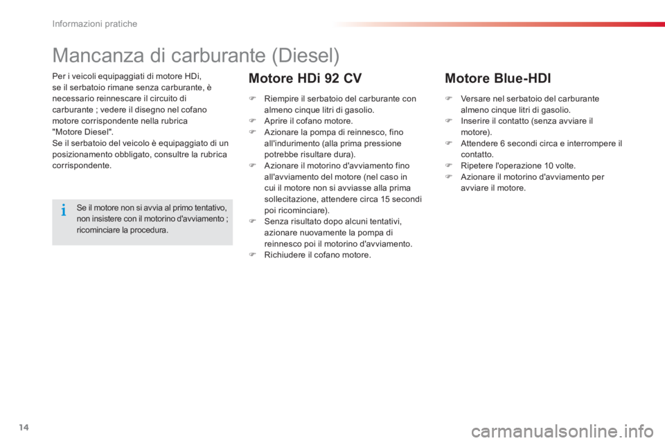 CITROEN C-ELYSÉE 2016 Libretti Di Uso E manutenzione (in Italian) 14
Informazioni pratiche
Per i veicoli equipaggiati di motore HDi,
se il serbatoio rimane senza carburante, è
necessario reinnescare il circuito di
carburante ; vedere il disegno nel cofano
m CITROEN C-ELYSÉE 2016 Libretti Di Uso E manutenzione (in Italian) 14
Informazioni pratiche
Per i veicoli equipaggiati di motore HDi,
se il serbatoio rimane senza carburante, è
necessario reinnescare il circuito di
carburante ; vedere il disegno nel cofano
m
