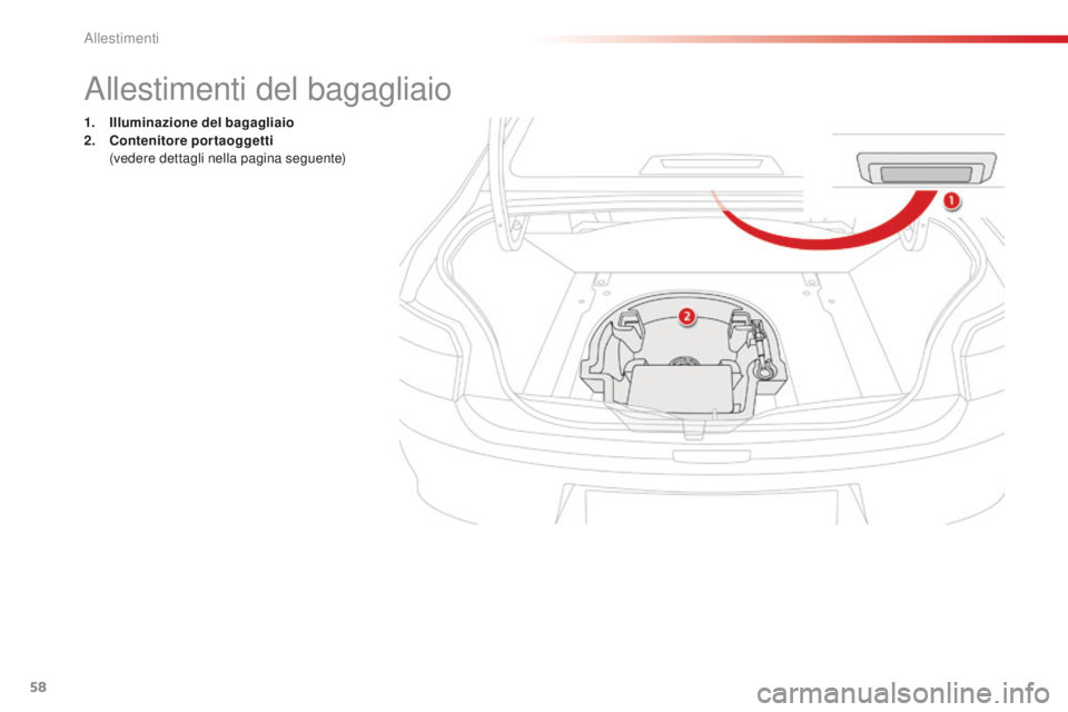 CITROEN C-ELYSÉE 2016 Libretti Di Uso E manutenzione (in Italian) 58
allestimenti del bagagliaio
1. Illuminazione del bagagliaio
2. Contenitore portaoggetti
(
vedere dettagli nella pagina seguente)
allestimenti CITROEN C-ELYSÉE 2016 Libretti Di Uso E manutenzione (in Italian) 58
allestimenti del bagagliaio
1. Illuminazione del bagagliaio
2. Contenitore portaoggetti
(
vedere dettagli nella pagina seguente)
allestimenti