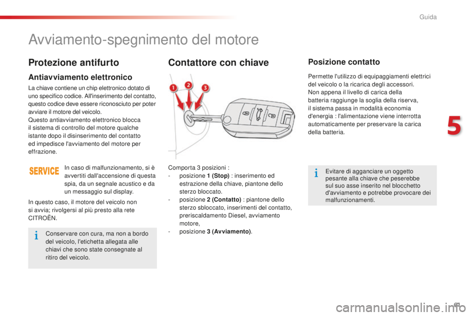 CITROEN C-ELYSÉE 2016 Libretti Di Uso E manutenzione (in Italian) 61
avviamento-spegnimento del motore
Comporta 3 posizioni :
- posizione 1
(Stop) : inserimento ed
estrazione della chiave, piantone dello
sterzo bloccato.
-
posizione 2
(Contatto) : pianto CITROEN C-ELYSÉE 2016 Libretti Di Uso E manutenzione (in Italian) 61
avviamento-spegnimento del motore
Comporta 3 posizioni :
- posizione 1
(Stop) : inserimento ed
estrazione della chiave, piantone dello
sterzo bloccato.
-
posizione 2
(Contatto) : pianto