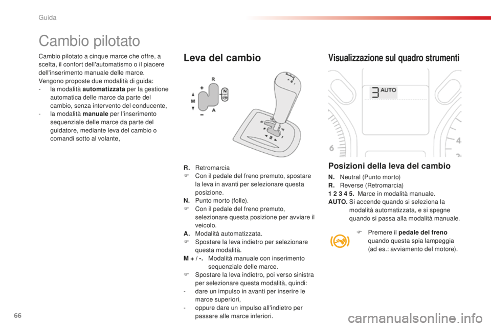 CITROEN C-ELYSÉE 2016 Libretti Di Uso E manutenzione (in Italian) 66
Leva del cambio
Cambio pilotato
Visualizzazione sul quadro strumenti
Posizioni della leva del cambio
N. Neutral (Punto morto)
R. R everse (Retromarcia)
1
2 3 4 5. Marce in modalità manual CITROEN C-ELYSÉE 2016 Libretti Di Uso E manutenzione (in Italian) 66
Leva del cambio
Cambio pilotato
Visualizzazione sul quadro strumenti
Posizioni della leva del cambio
N. Neutral (Punto morto)
R. R everse (Retromarcia)
1
2 3 4 5. Marce in modalità manual