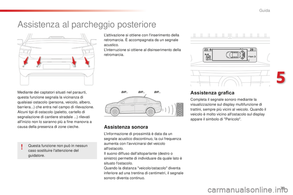 CITROEN C-ELYSÉE 2016 Libretti Di Uso E manutenzione (in Italian) 79
Mediante dei captatori situati nel paraurti,
questa funzione segnala la vicinanza di
qualsiasi ostacolo (persona, veicolo, albero,
barriera...) che entra nel campo di rilevazione.
al
cuni tipi d CITROEN C-ELYSÉE 2016 Libretti Di Uso E manutenzione (in Italian) 79
Mediante dei captatori situati nel paraurti,
questa funzione segnala la vicinanza di
qualsiasi ostacolo (persona, veicolo, albero,
barriera...) che entra nel campo di rilevazione.
al
cuni tipi d
