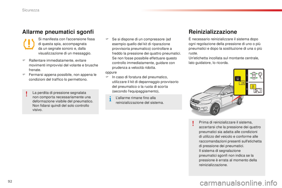 CITROEN C-ELYSÉE 2016 Libretti Di Uso E manutenzione (in Italian) 92
C-Elysee_it_Chap07_securite_ed01-2014
Prima di reinizializzare il sistema,
accertarsi che la pressione dei quattro
pneumatici sia adatta alle condizioni
di utilizzo del veicolo e conforme alle
CITROEN C-ELYSÉE 2016 Libretti Di Uso E manutenzione (in Italian) 92
C-Elysee_it_Chap07_securite_ed01-2014
Prima di reinizializzare il sistema,
accertarsi che la pressione dei quattro
pneumatici sia adatta alle condizioni
di utilizzo del veicolo e conforme alle